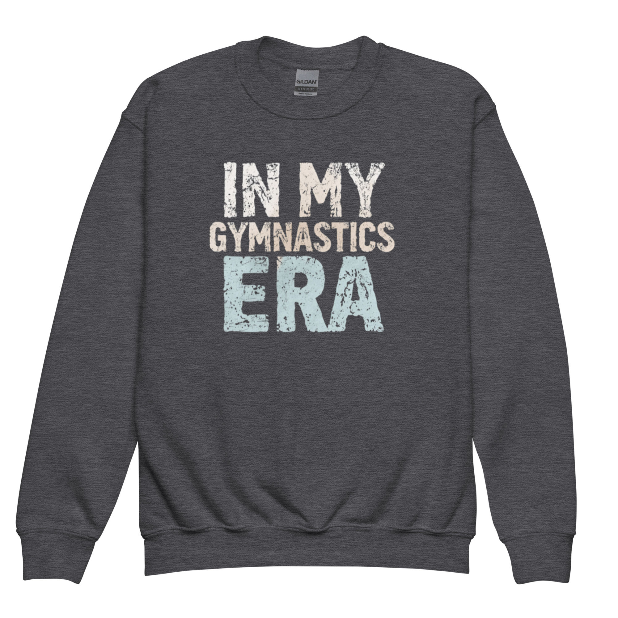 Youth "In My Gymnastics Era" Vintage Sweatshirt with bold distressed letters.