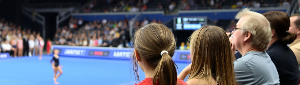 Gymnastics meet with fans watching and a gymnast doing a floor routine.