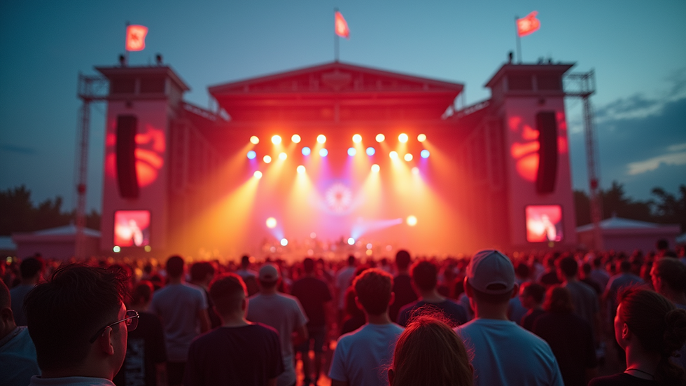 Wide angle view of a vibrant outdoor festival stage