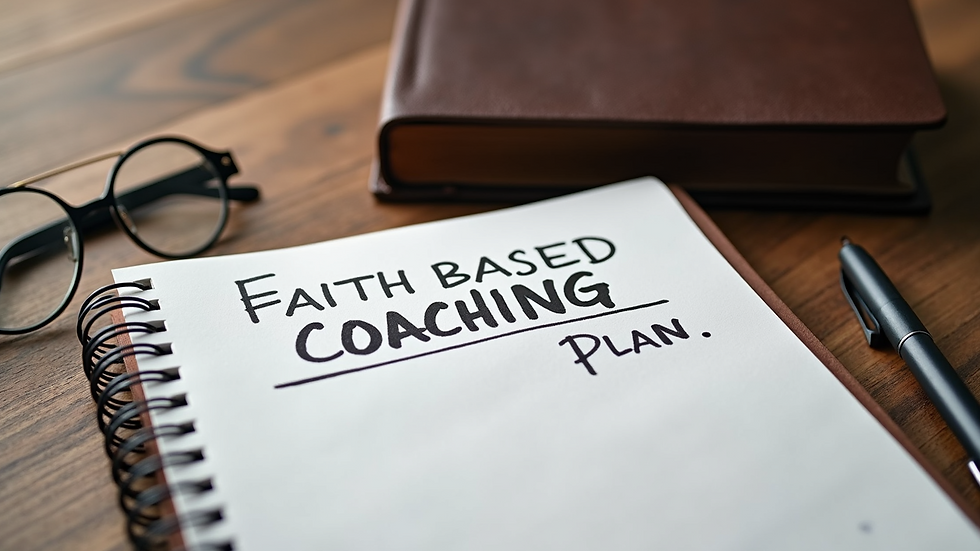 Close-up view of a notebook with a faith-based coaching plan and a Bible