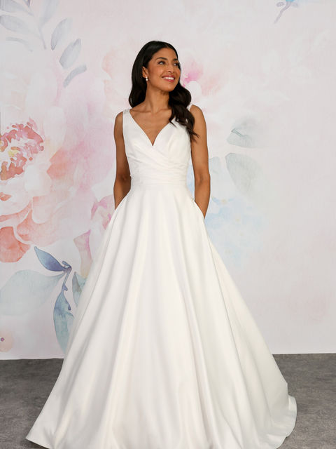 pearl adorned satin wedding dress