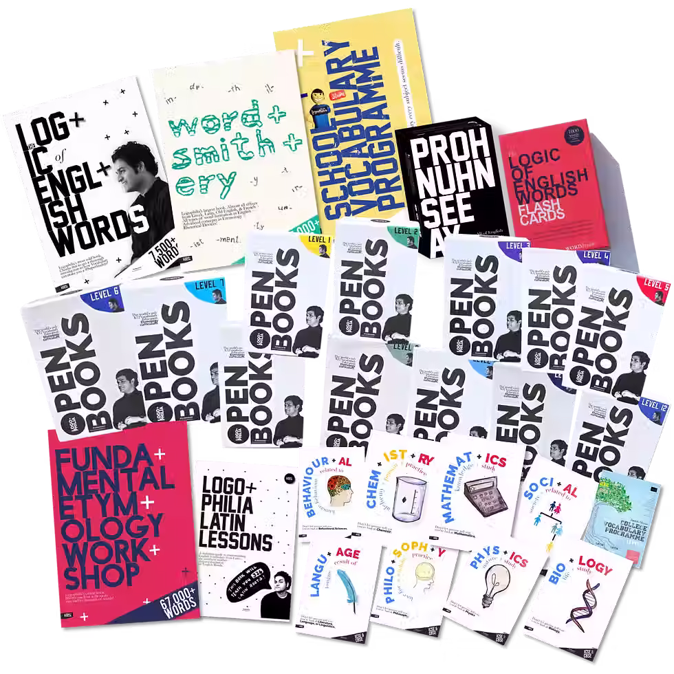 The image displays arrays of Logophilia Vocabulary Books and flaschards.