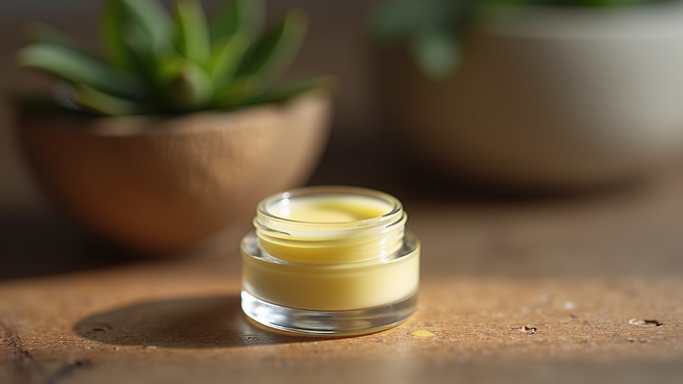 Eye-level view of a small jar of organic lip balm on a rustic table