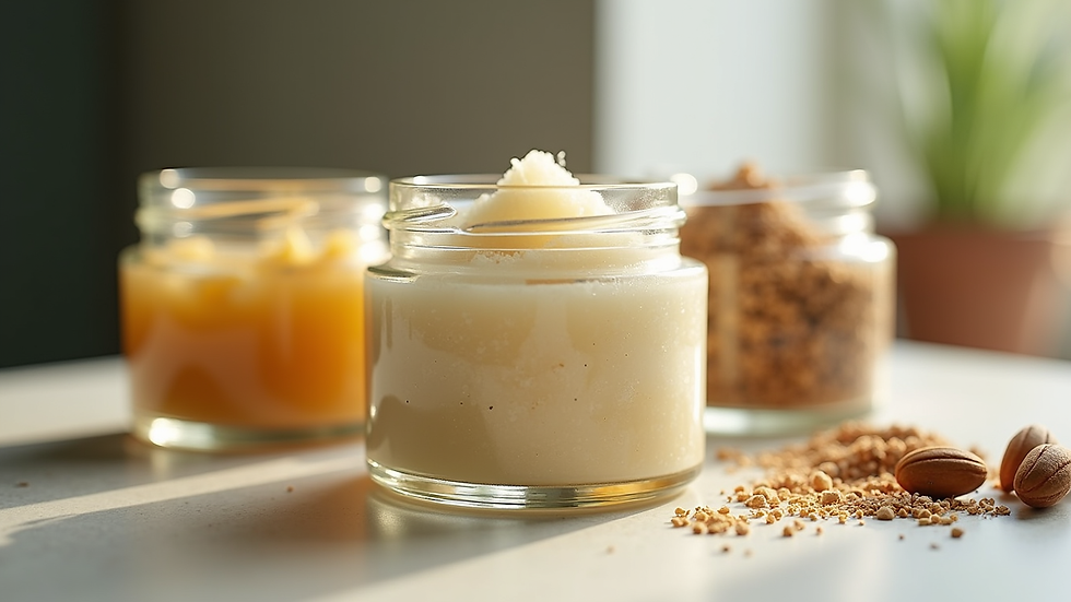 Eye-level view of handmade body scrub jars with natural ingredients
