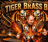 ChatGPT Image Jul 15, 2026, 11_29_08 PM.png.Tiger Brass Beat - Promo Concept / Studio Shoot Live at The Keg, Paisley - performed in own clothes. Freddie yellow jacket and tiger suit used for website promo visuals only.