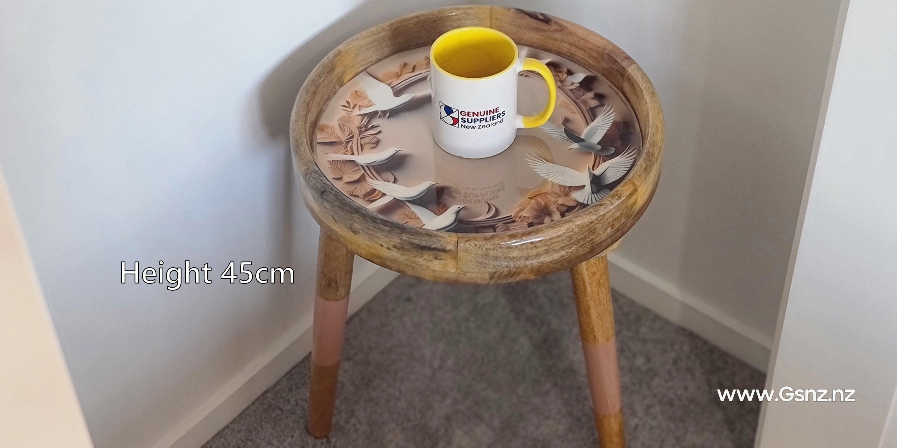 Small handmade resin and mango wood side table with dove bird design – eco-friendly boho Mediterranean coffee table.