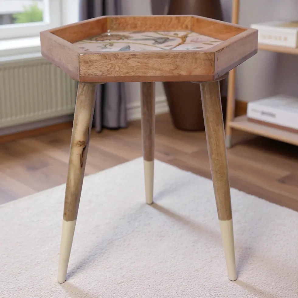 Thumbnail: Handcrafted Mangowood Side Table: Boho Hummingbirds
