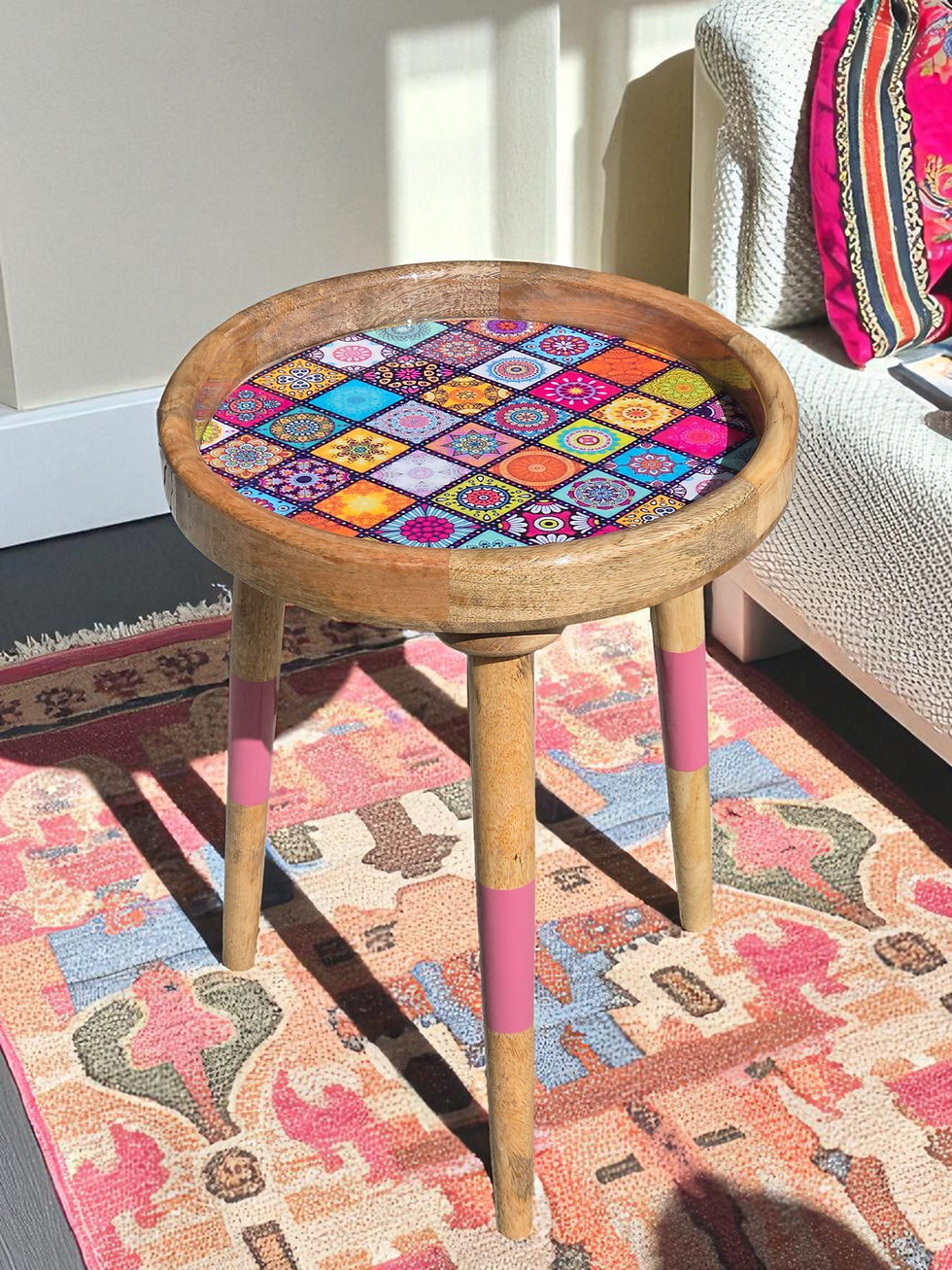 Thumbnail: Colourful boho bedside lamp table with resin mosaic design – eco-friendly furniture NZ
