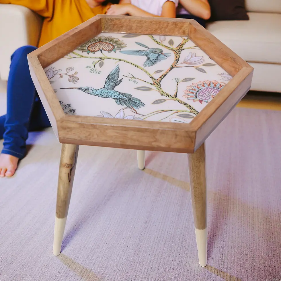 Thumbnail: Handcrafted Mangowood Side Table: Boho Hummingbirds