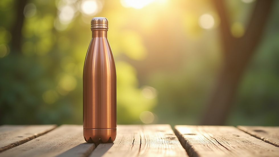 Close-up view of a copper water bottle on a wooden table
