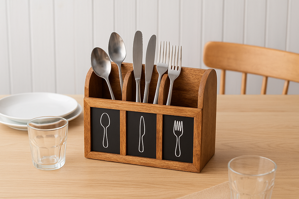 Handcrafted mango wood utensil caddy with spoon, knife, fork compartments NZ