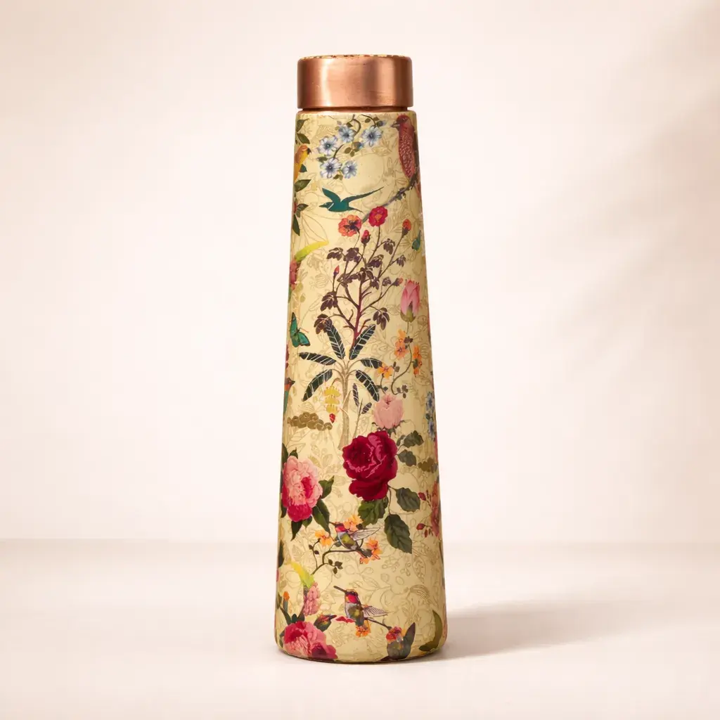 Pure Copper Water Bottle 1 Litre Ayurvedic – Floral Hummingbird Design