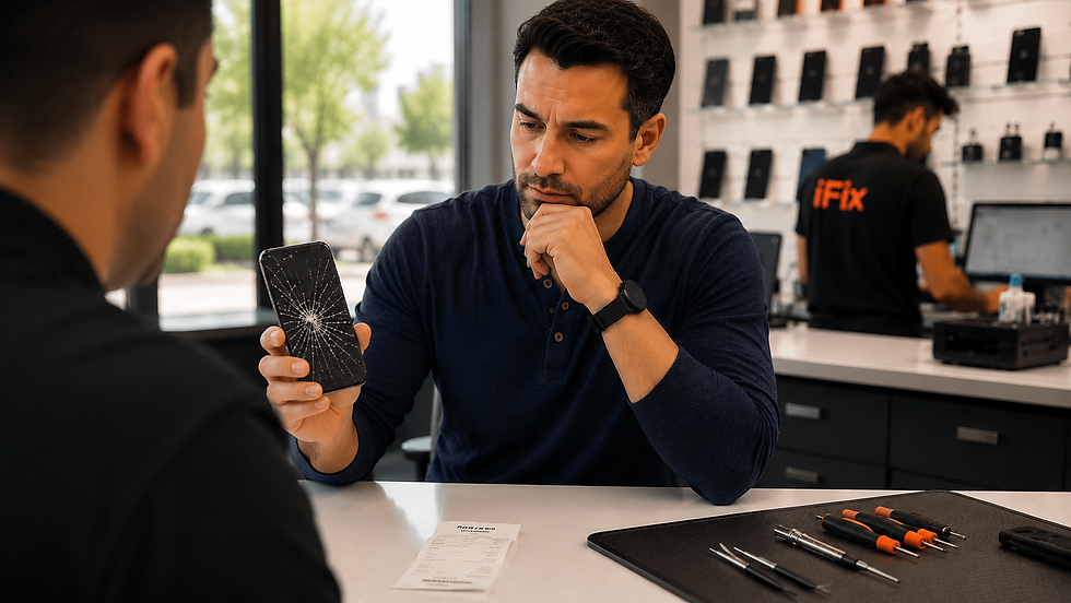 A concerned customer examining his smartphone with a severely cracked screen while consulting with an iFix repair technician