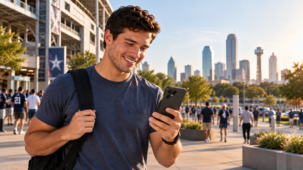 Smiling man with backpack checks his phone outside a stadium, with fans, Dallas skyline, and a star banner behind.
