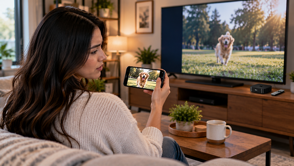 Woman in a cozy living room films a golden retriever on her phone while its image plays on the TV; warm, focused mood.