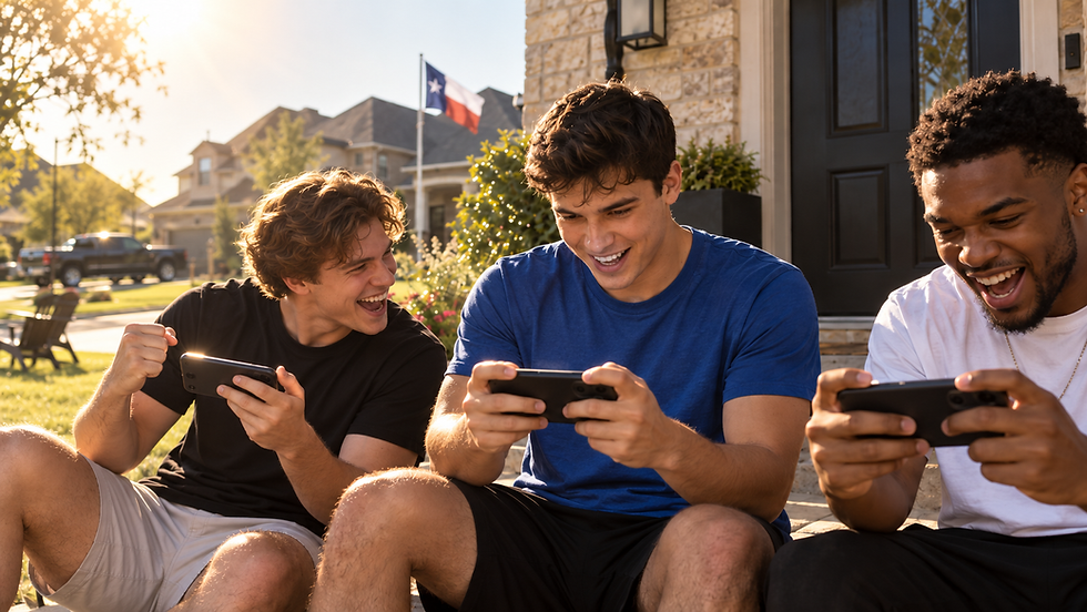 Three young men laugh while gaming on smartphones outside a suburban house, with a Texas flag in the sunlit background.