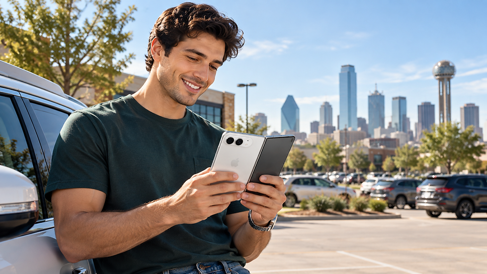 Smiling man uses a foldable phone beside a car in a sunny parking lot, with a city skyline and blue sky behind him.