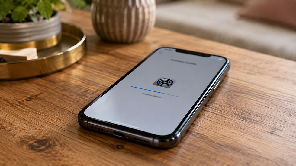 Smartphone on a wooden table showing a software update progress screen with a gear icon and blue bar