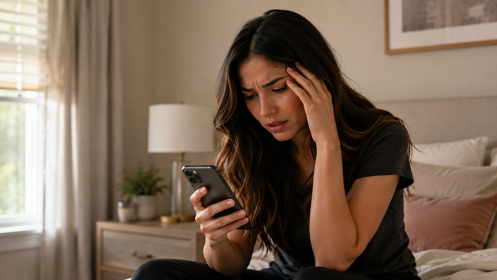 Worried woman sits on a bed in a cozy bedroom, holding a smartphone and touching her temple, looking stressed.
