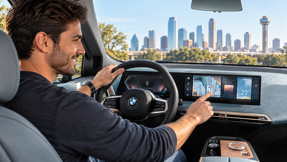 Smiling man drives a BMW, tapping the navigation screen, with a city skyline visible through the windshield.