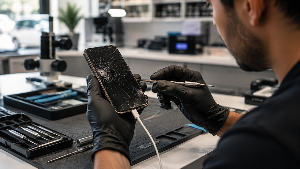 iFix technician in black gloves repairs a cracked smartphone with tools on workbench.