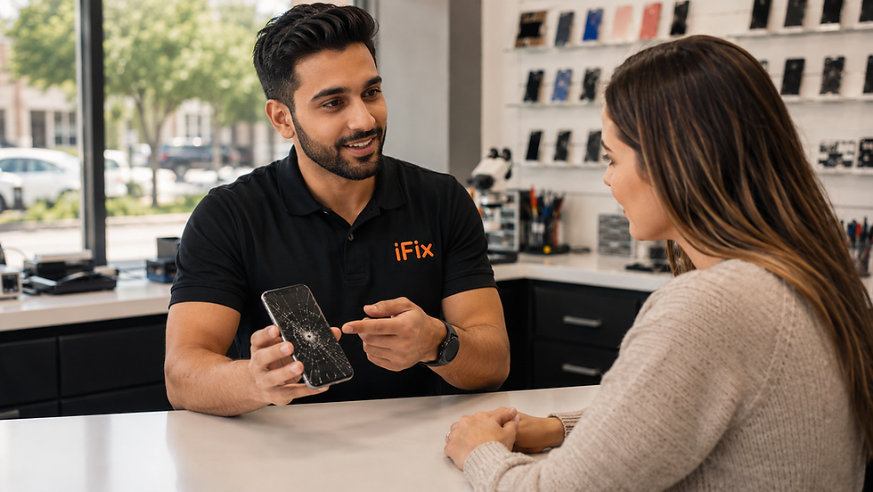 iFix employee shows the customer a cracked smartphone in a bright repair shop, smiling as they talk.
