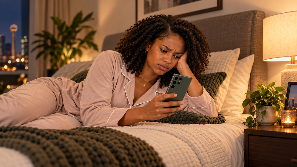 Woman in pajamas lies on a bed, worriedly staring at her phone in a cozy, softly lit bedroom at night.