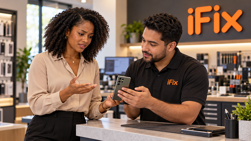 Woman and iFix technician review a smartphone at a repair counter, with orange iFix sign and tools in a bright shop.