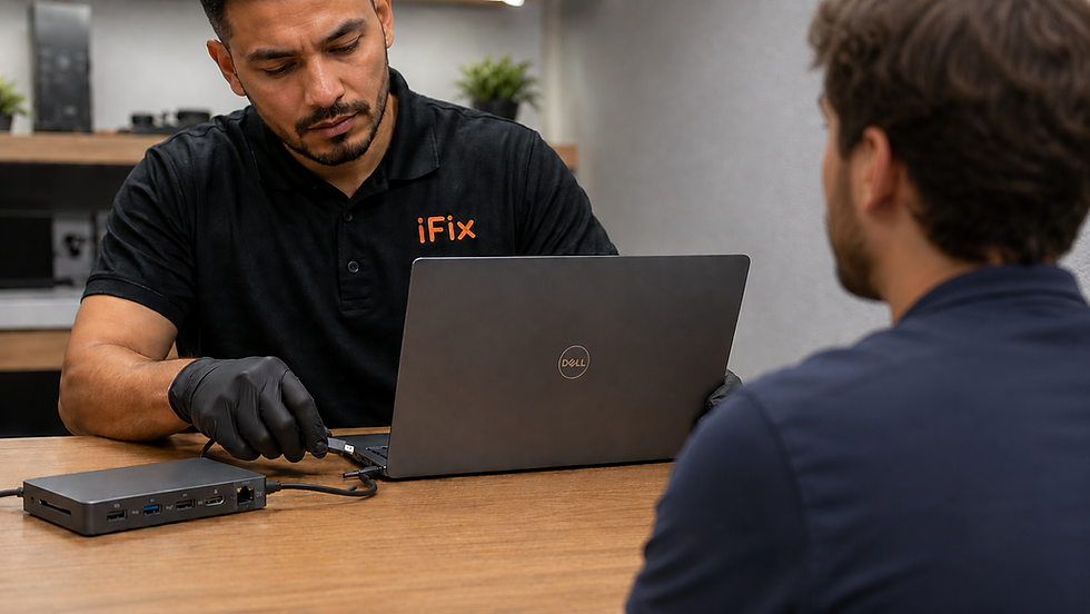 iFix technician connecting a USB-C cable to a Dell laptop while a customer watches at a professional computer repair counter.