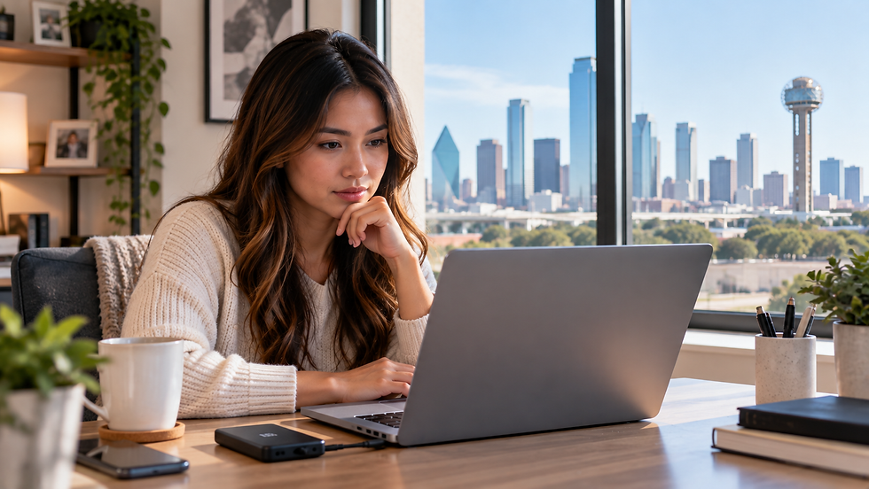 Thoughtful woman works on a laptop at a home desk, with a city skyline visible through a large window behind her.