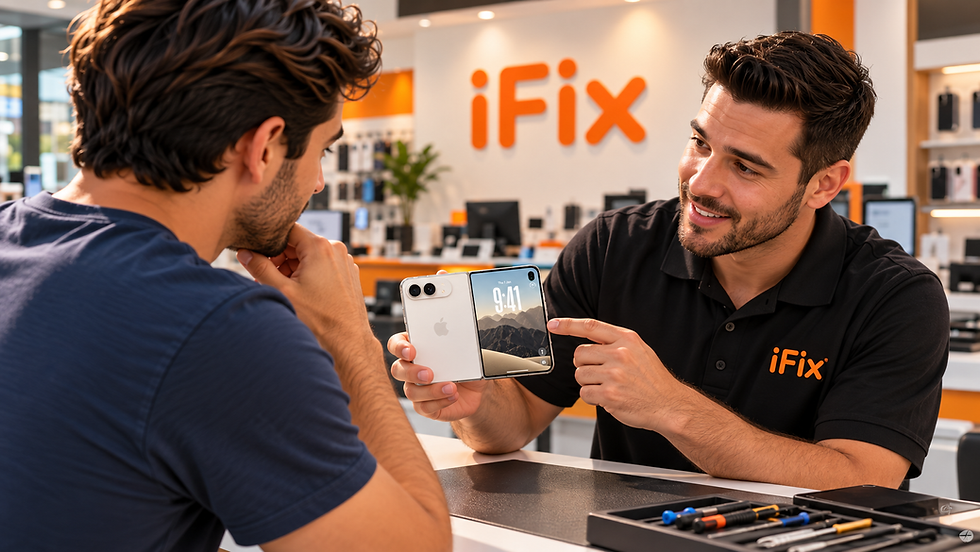 iFix employee shows a foldable smartphone to a customer in a bright repair shop, with tools on the counter.