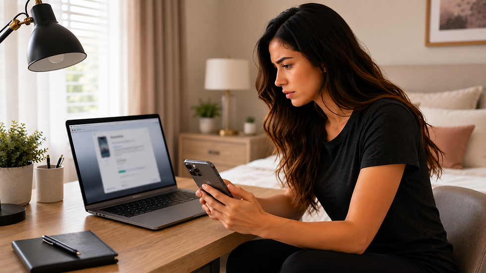 Woman in a cozy bedroom studies her phone beside a laptop on a wooden desk, looking focused and concerned.