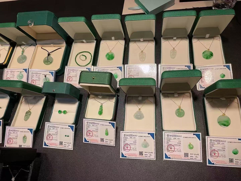 Eye-level view of a jade pendant being examined under a magnifying glass