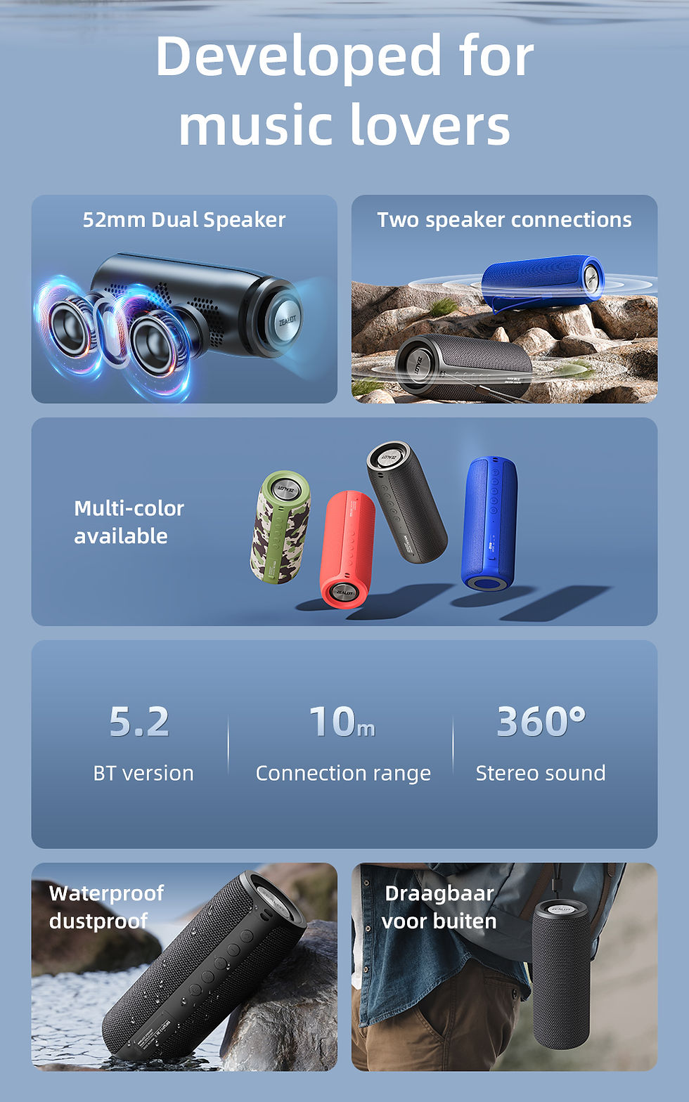 Miniatura: ZEALOT-S51 Portable Bluetooth Speaker Bass Powerful Wireless Subwoofer Waterproo