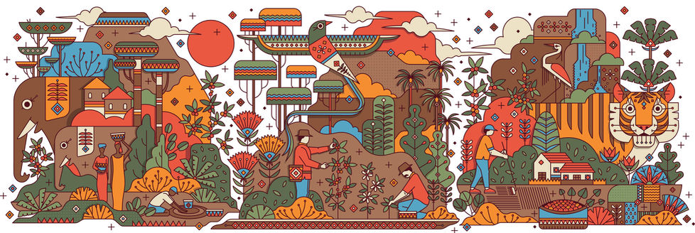 illustration for Starbucks with landscape and animals, elephant, tiger, quetzal with coffee by Rohan Dahotre