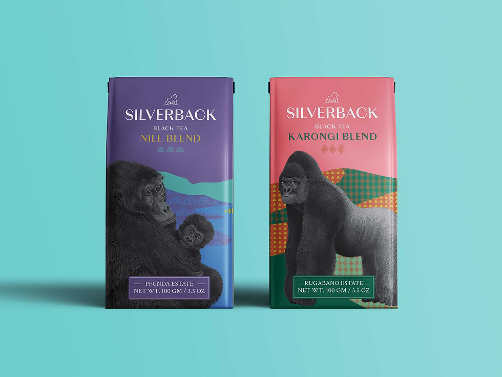 tea packaging design with Silverback gorilla illustration inspired by Rwanda's wildlife by Rohan Dahotre