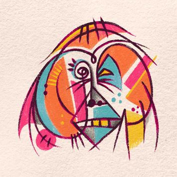 Abstract orangutan portrait created with playful shapes, energetic mark-making, and contemporary color combinations. A vibrant wildlife artwork celebrating one of the world's most iconic primates.