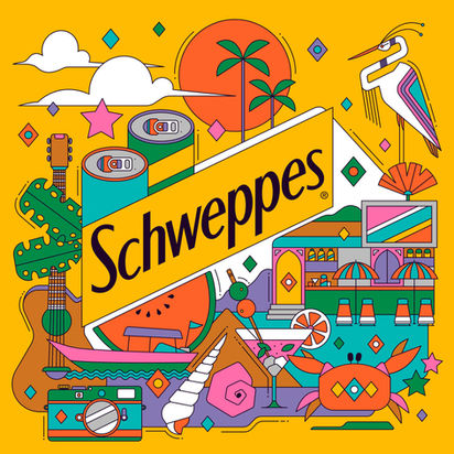 Custom illustration created for Schweppes India as part of a tropical summer marketing campaign. Featuring beach culture, vacation-inspired imagery, beverages, tropical wildlife, palm trees, cocktails, and travel elements, the artwork was developed for experiential branding applications including murals, event graphics, printed drinkware, and promotional environments. This project showcases expertise in beverage branding, hospitality illustration, environmental graphics, lifestyle marketing, mural design, experiential campaigns, and commercial illustration.