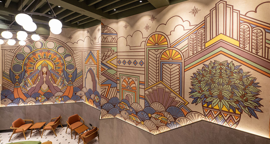 Mural illustration for Starbucks in Mumbai Dhanraj Mahal in art deco style by Rohan Dahotre