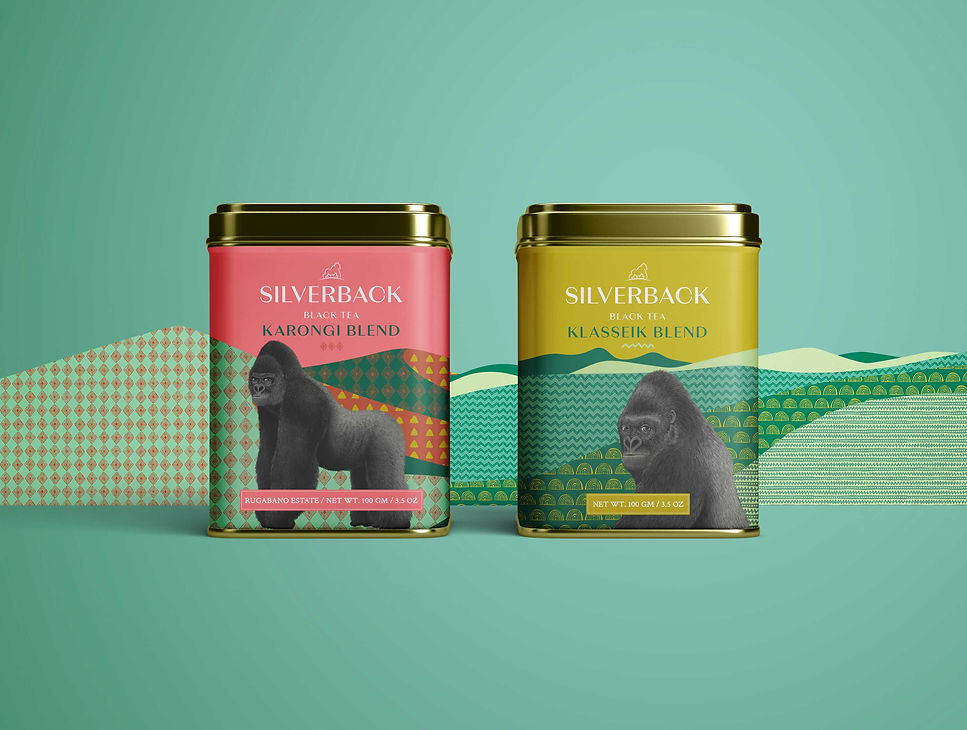 tea packaging design with Silverback gorilla illustration inspired by Rwanda's wildlife by Rohan Dahotre