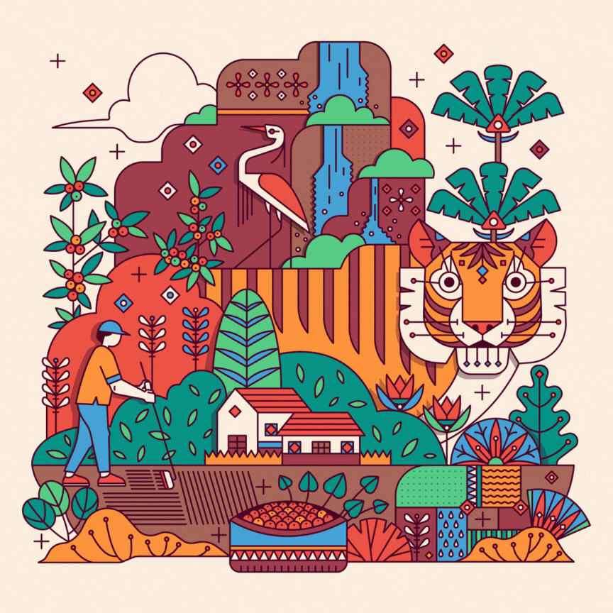 Illustration for Starbucks mural, art, with tiger, elephant, quetzal, Africa, Asia, South America, coffee by Rohan Dahotre