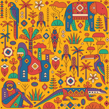 surface Pattern design with animals, gorilla, parrot, elephant, coffee beans, coffee-plant, representing Asia, Africa and Latin America of Starbucks by wildlife illustrator Rohan Dahotre