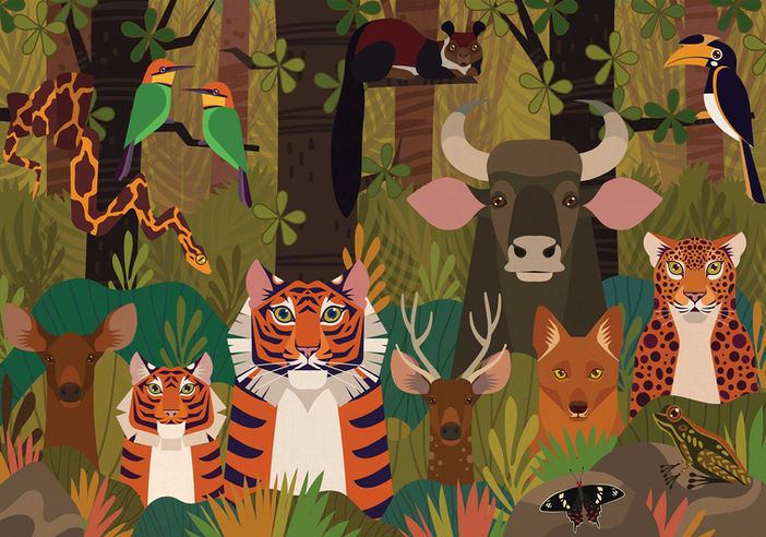 Wildlife conservation illustration created by Rohan Dahotre for Indian Forest Departments, tiger reserves, national parks and wildlife sanctuaries, featuring endangered species, biodiversity, environmental education and ecotourism storytelling.