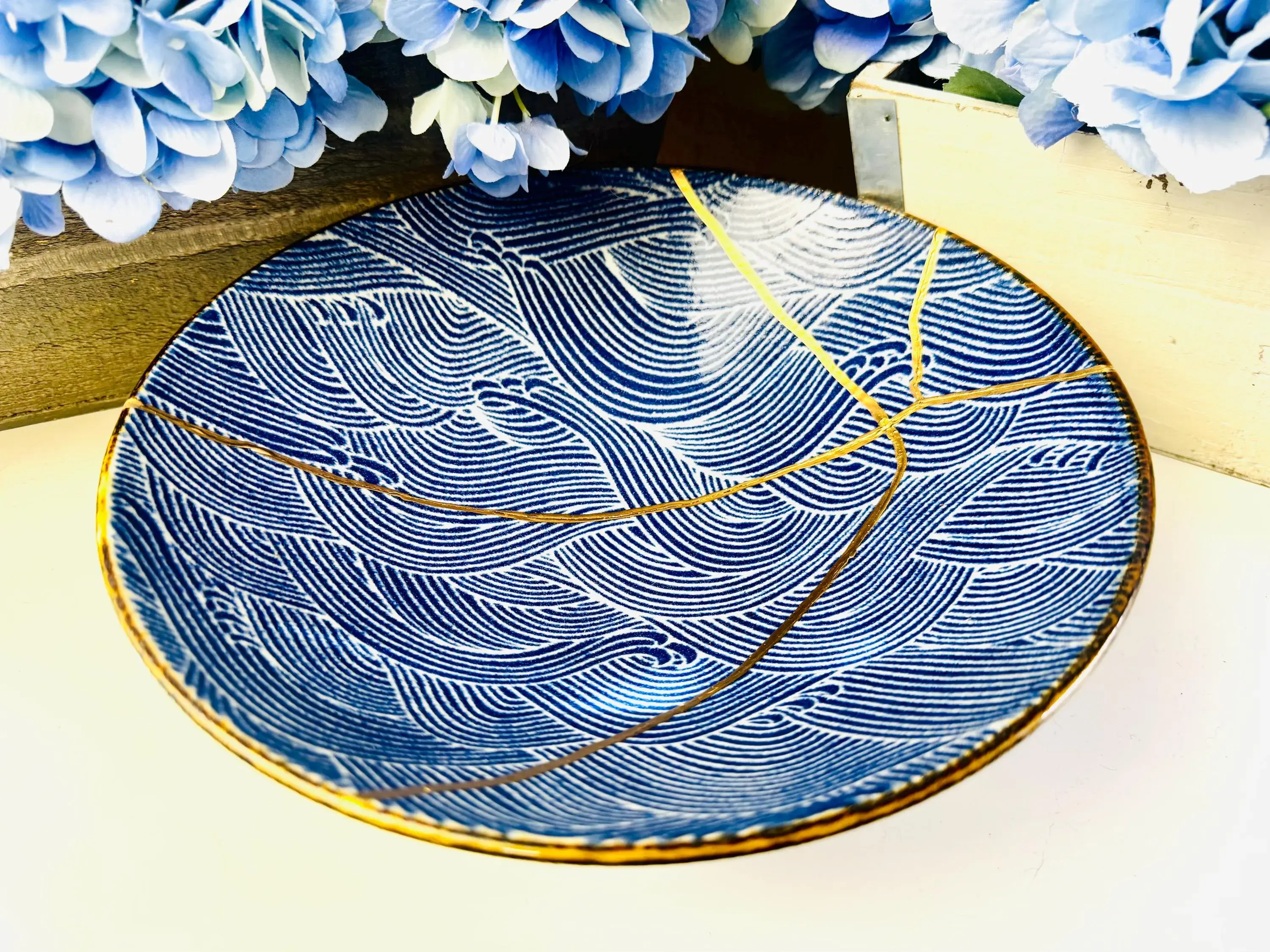 Kintsugi Bowl, Large Blue Wave Centerpiece