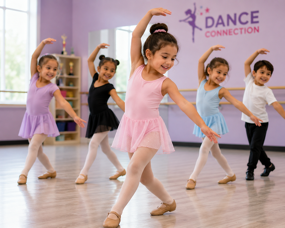 Young children happily dancing ballet in a studio