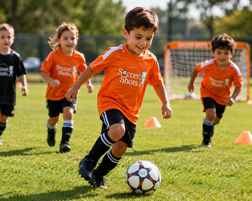 Smiling boy dribbling soccer ball in orange shirt