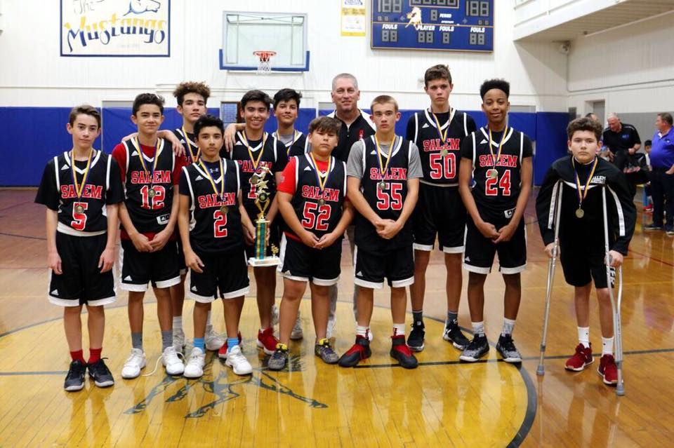Salem Boys Basketball, undefeated Lutheran Orange County League Champions, pictured with Coach Darren Kelso