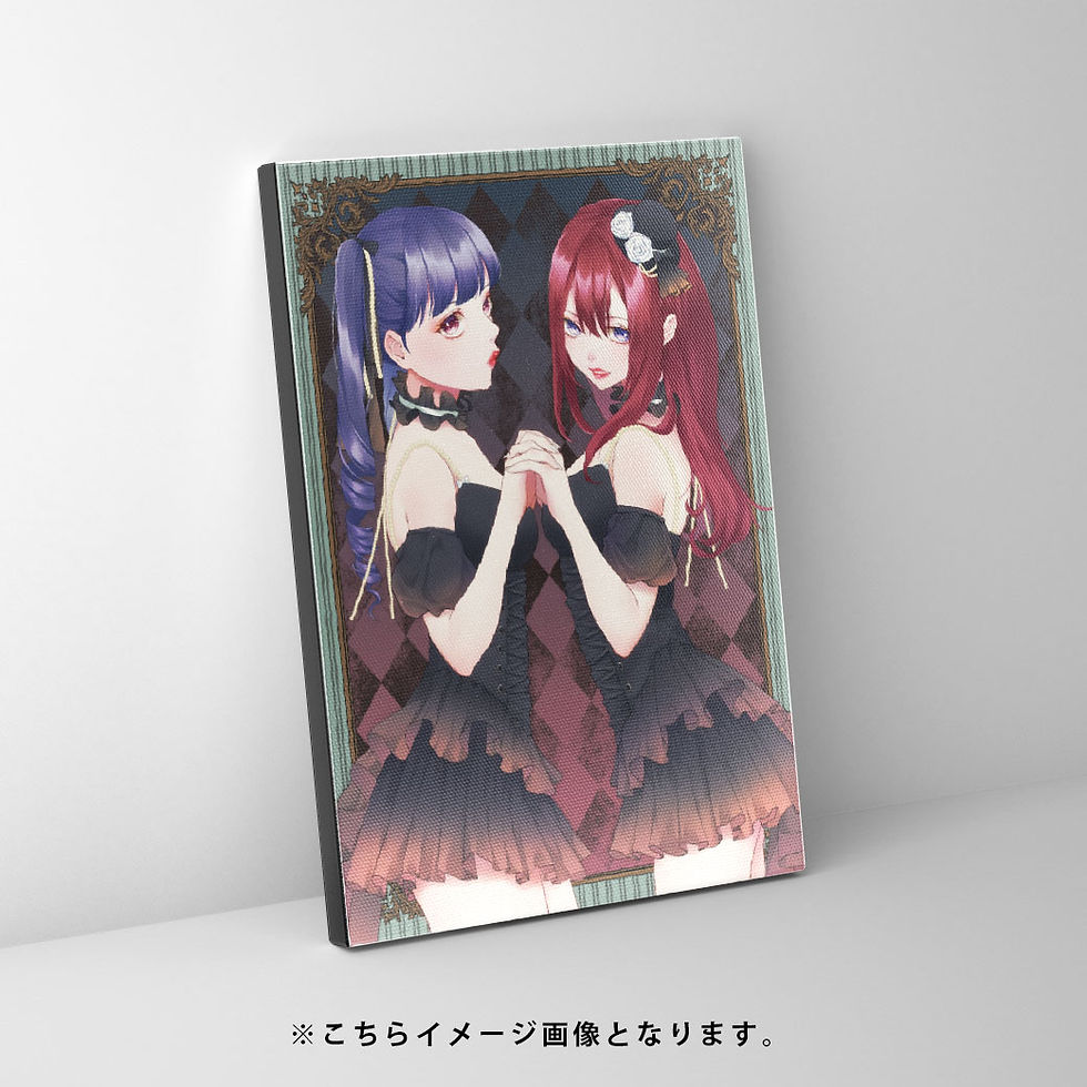 二人の女性が手を取り合って、こちらを見つめている。黒いフリルの付いた服を着ている。
