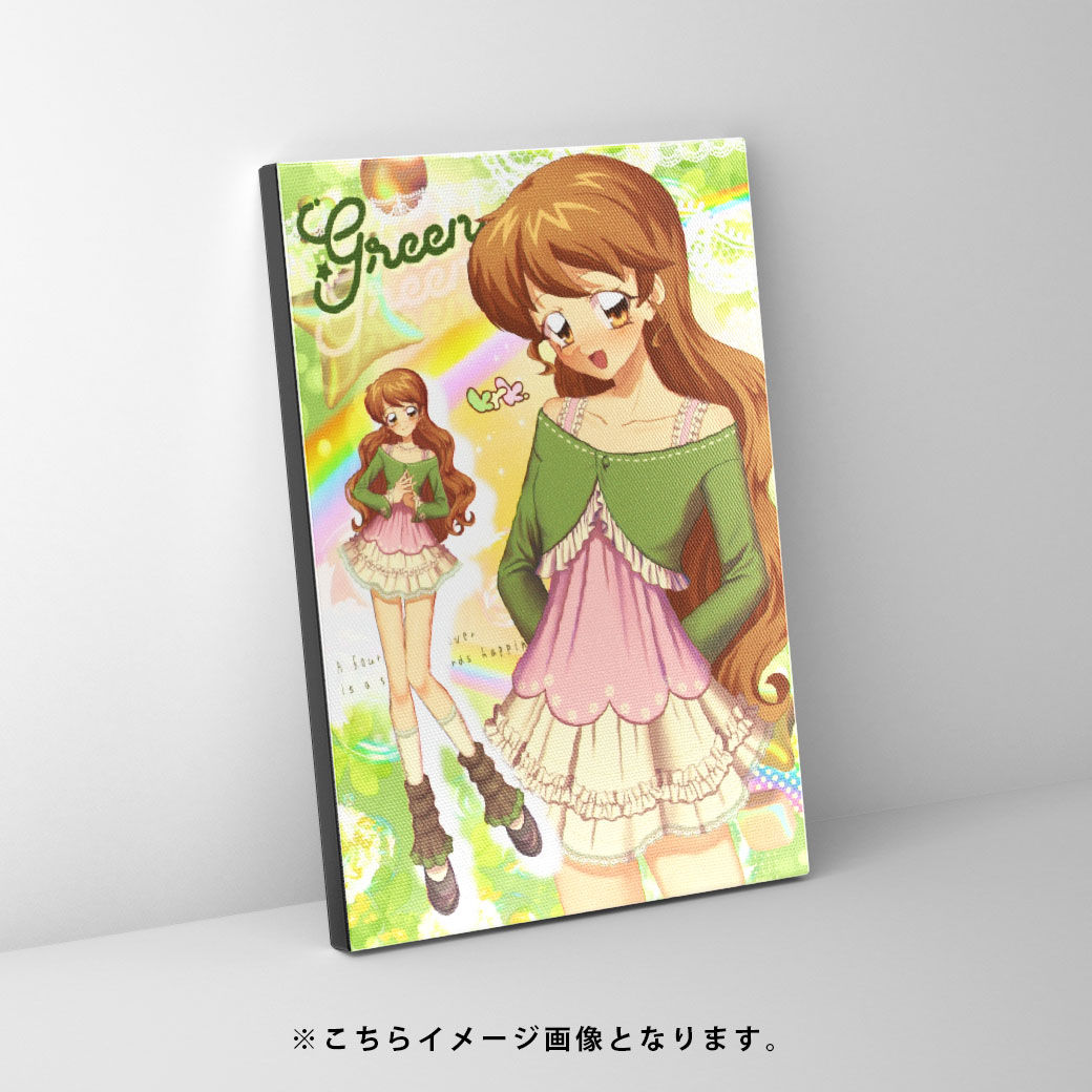 緑とピンクのコーディネートをした女性