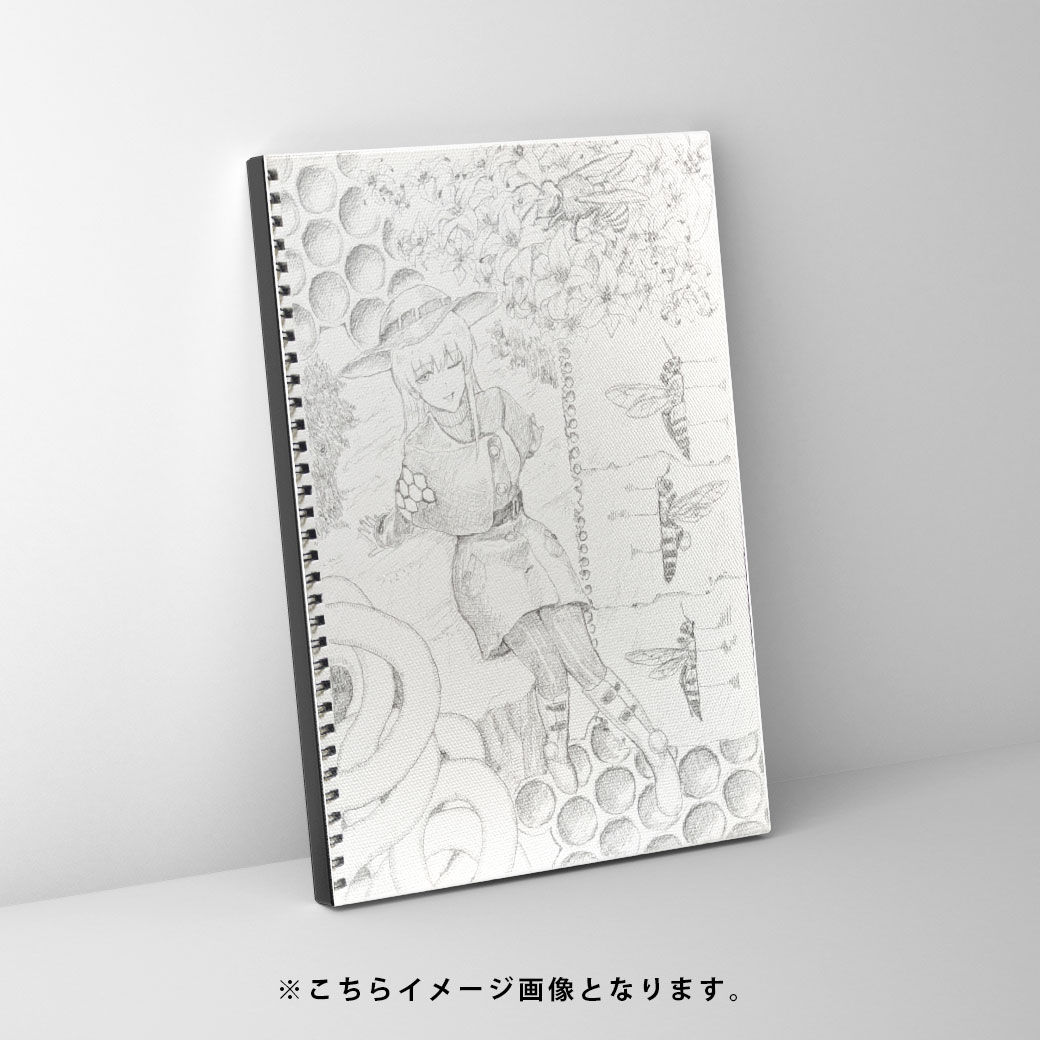 女性が中央に座っている。周囲に蜂や蜂の巣がある。鉛筆で描かれている絵です。